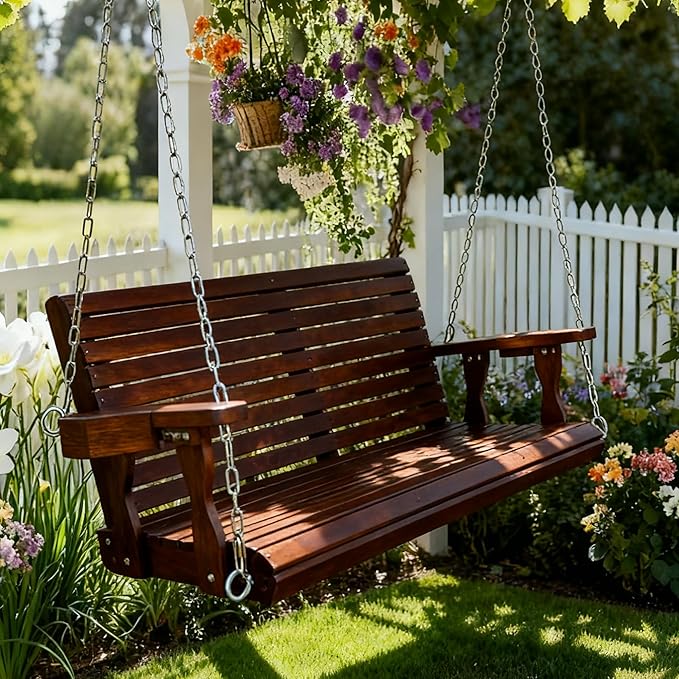 Wooden Porch Swing 2-Seater, High Backrest and Deep Seat, Bench Swing with Cupholders, Hanging Chains and 7mm Springs, Heavy Duty 880 LBS, for Outdoor Patio Garden (Deep Brown, 4 FT Extra Large)