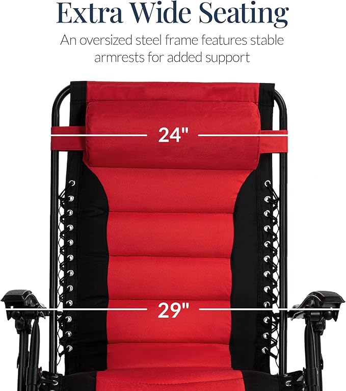 Best Choice Products Oversized Padded Zero Gravity Chair, Folding Outdoor Patio Recliner, XL Anti Gravity Lounger for Backyard w/Headrest, Cup Holder, Side Tray, Polyester Mesh - Red