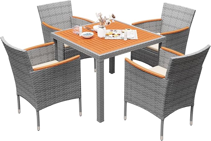 Devoko 5 PCS Furniture, Patio Conversation Set with Acacia Wood Top, Rattan Outdoor Dining Table and Chairs for Backyard, Garden, Deck, Grey