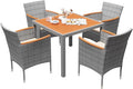 Devoko 5 PCS Furniture, Patio Conversation Set with Acacia Wood Top, Rattan Outdoor Dining Table and Chairs for Backyard, Garden, Deck, Grey