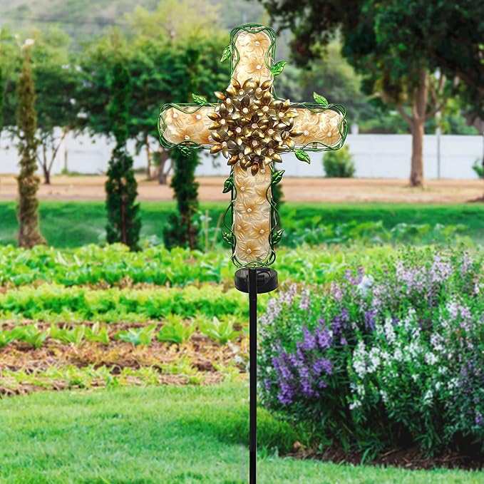 38inch Cross Garden Solar Lights Outdoor Decorative - Solar Metal&Glass Cross Apricot Hydrangea Flower Stake Lights- Waterproof 20 White LED for Remembrance Gifts & Sympathy Gifts