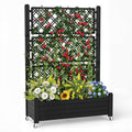 Raised Garden Bed with Trellis, 21 Gallon Self Watering Planter Box with Lockable Wheels & Drainage Holes for Climbing Plants Vegetables Flowers, Anti-Rust Resin for Backyard Patio (Black)