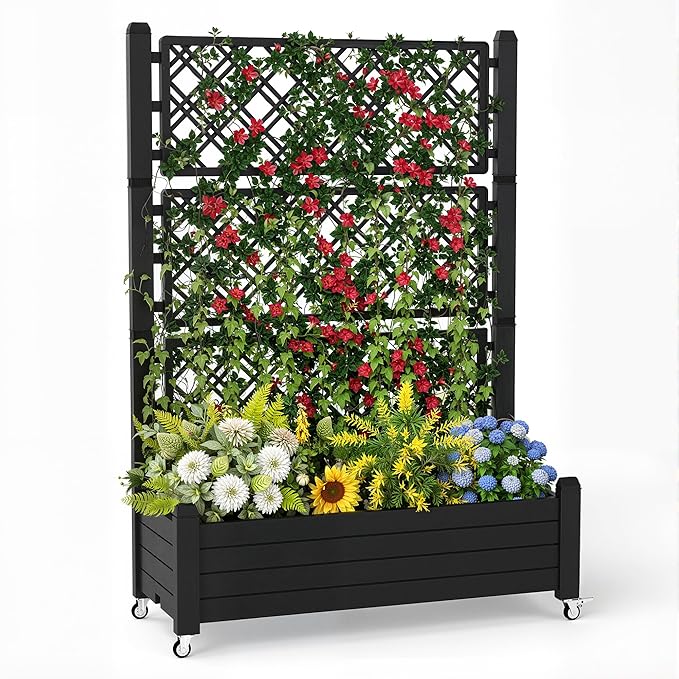 Raised Garden Bed with Trellis, 21 Gallon Self Watering Planter Box with Lockable Wheels & Drainage Holes for Climbing Plants Vegetables Flowers, Anti-Rust Resin for Backyard Patio (Black)