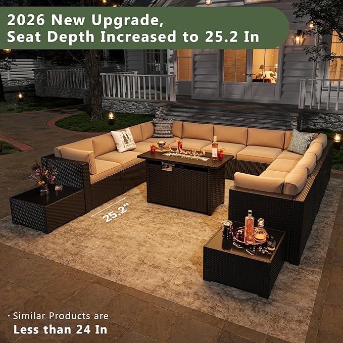 Aoxun 15 Piece Patio Furniture Set with 44” Fire Pit Table Wicker Rattan Patio Sectional Sofa Set Outdoor Seating Furniture with Thickened Cushion, Beige