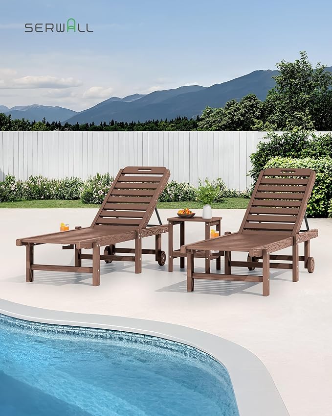 SERWALL Outdoor Chaise Lounge Set of 6, HDPE Pool Lounge Chair with 5-Position Adjustable Backrest, Patio Lounger with Rolling Wheels & Cup Holder for Pool, Brown