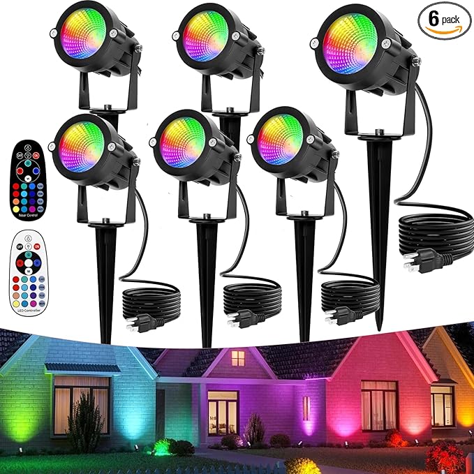 Halloween Christmas Spotlights Outdoor: RGBW Spot lights Plug in 120V Remote Control 16 Color Changing Waterproof LED Landscape Spotlights for Yard Garden Lawn Holiday Décor, 6 Pack (RGB + Warm Light)