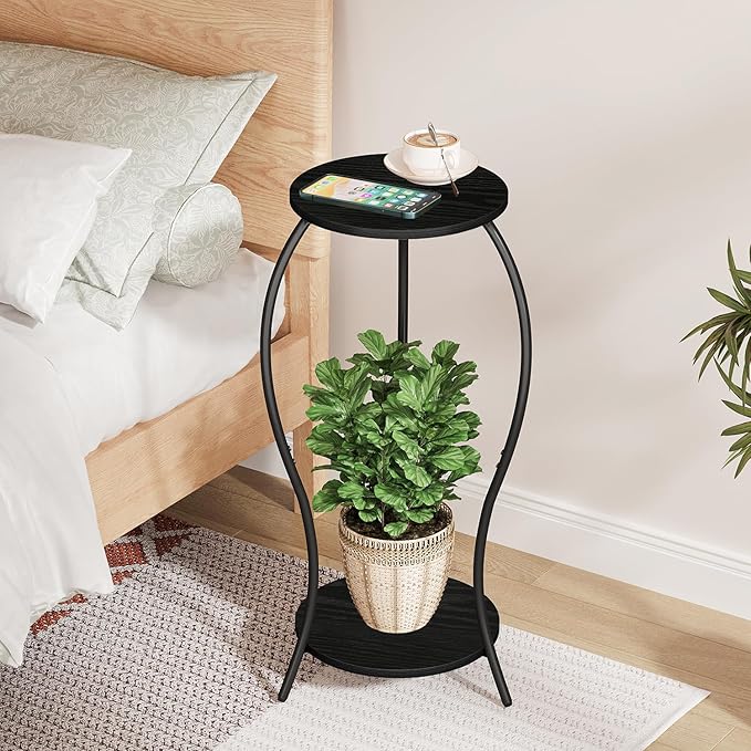 Plant Stand Indoor, 2 Tier Round Tall Plant Stand, Flower Pot Stand, Plant Shelf Rack, Corner Plant Stand for Planter Garden Balcony Patio Living Room (Black-Wood, 2 Tier)