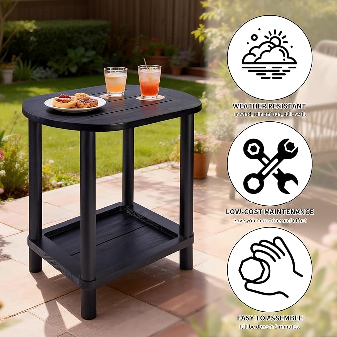 2 Tier Outdoor Side Table, Solid Wood Small Outdoor End Tables, Patio Table for Outside Backyard Balcony Porch Garden Lawn and Living Room, Weather Resistant & Easy Maintenance (Black)