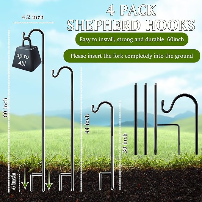 4 Pcs 60 Inch Shepherds Hook for Outdoor Adjustable Bird Feeder Pole Metal Steel Shepard Hooks for Hummingbird Stand Feeder Pole for Garden Plant, Lantern, Hanging Wedding Decor