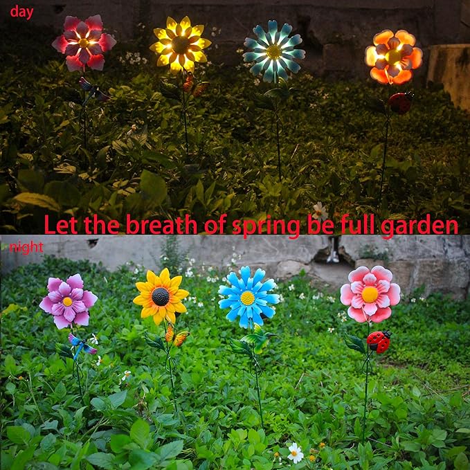 Solar Garden Stakes Lights for Outdoor Decor, 4 Pack Waterproof Metal Art Stick Flowers, Light for Outside Garden Patio Pathway Yard Backyard Porch Lawn