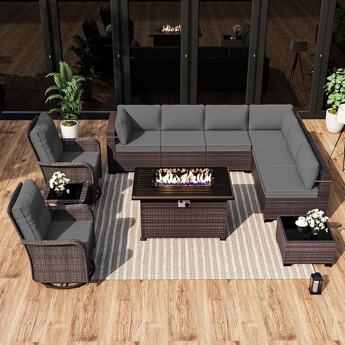 ALAULM Patio Furniture Set with 2 Swivel Chairs, Outdoor Sectional with 55000 BTU Fire Pit Table and Wide Seat, 11 Pieces Wicker Rattan Conversation Set with Coffee Table for Garden, Deck, Grey