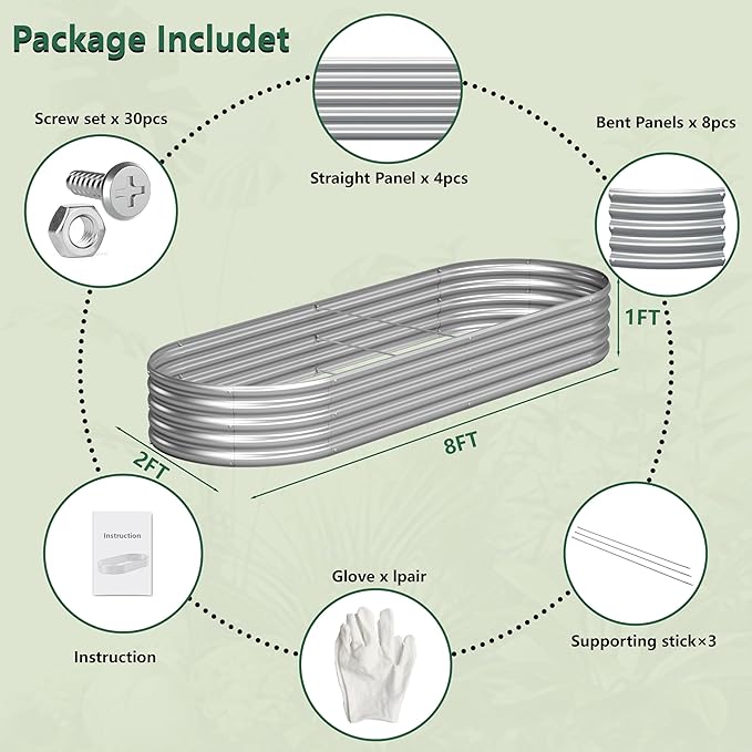 2PCS 8x2x1FT Galvanized Raised Garden Bed Kit,Vegetable Boxes-Oval Metal Flower Box,Large Planter Raised Beds Outdoor Garden for Planting,Fruit,Herb-Silver