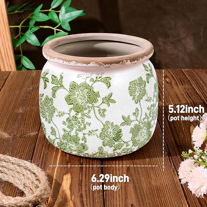 Flower Pot,Vintage Ceramic Pot for Planter with Drainage Holes, 6.29 inch Ice Crack Glazed Indoor Planters Pot for Indoor,Tucan Home Decor,Gardening Gifts,Green (Modern)
