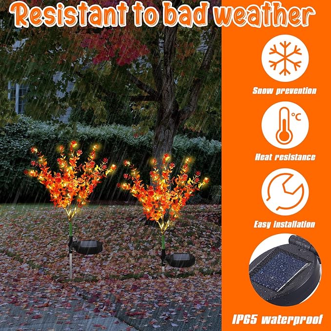 2 Pack Solar Stake Lights Outdoor Decor Waterproof Mums Artificial Flowers Solar Lights for Outdoor Garden Yard Pathway Decor (Orange,Camellia)