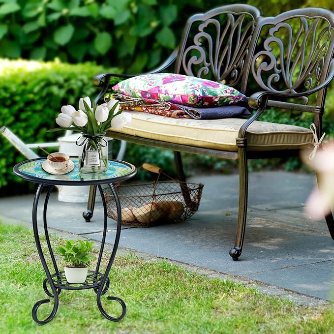 LIFFY Mosaic Outdoor Side Table, 14" Round Flower Patio Side Table, Mosaic Plant Stand, End Table W/Storage Shelf, Small Bistro Coffee Table for Garden Yard Porch Living Room