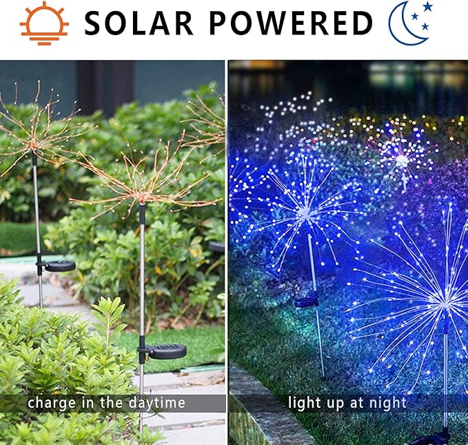 YOTOZU 2 PCS Solar Firework Light, Outdoor Solar Garden Decorative Lights 120 LED Powered 40 Copper Wires String DIY Landscape Light for Walkway Pathway Backyard Christmas Decoration Parties (Blue)
