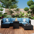 8 Piece Patio Furniture Set with Fire Pit Table, Rattan Outdoor Sectional Sofa, Durable Conversation Set for Backyard, Garden, Deck (Coffee/Peacock Blue)
