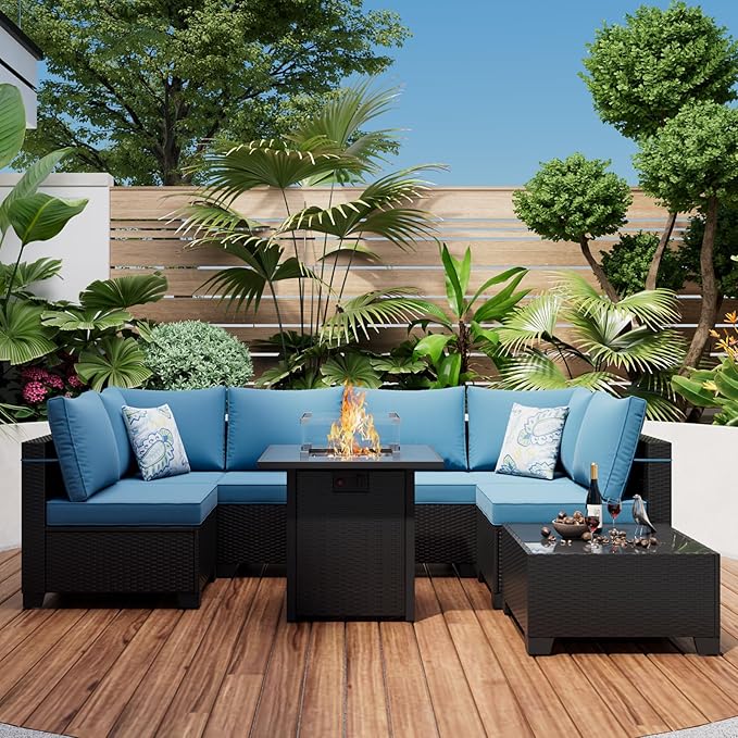 8 Piece Patio Furniture Set with Fire Pit Table, Rattan Outdoor Sectional Sofa, Durable Conversation Set for Backyard, Garden, Deck (Coffee/Peacock Blue)