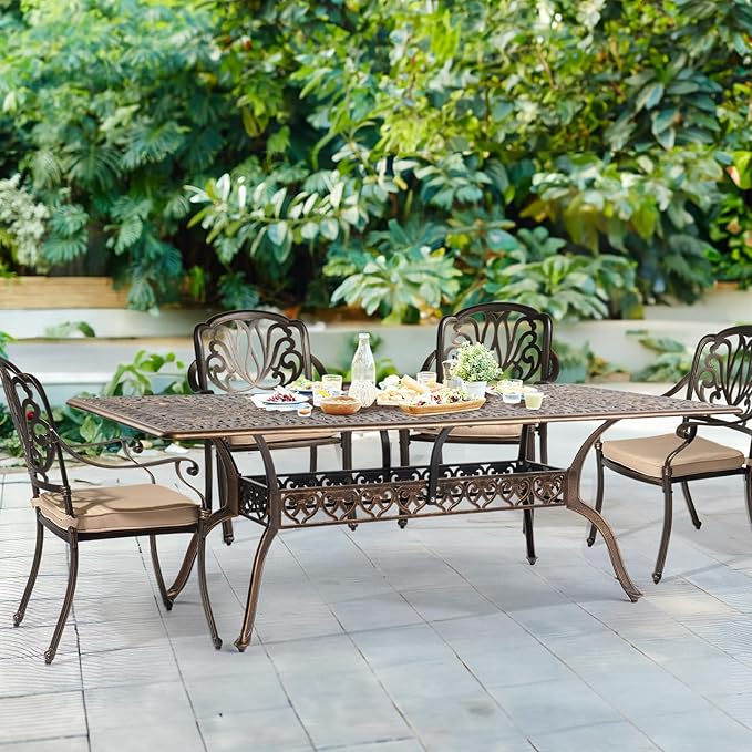VINGLI 8-Person Outdoor Dining Table, Metal Dining Table with Umbrella Hole Cast Aluminum Patio Table, Rectangle Table Outdoor Furniture Garden Table (87”Lx42W”x28.5”H)