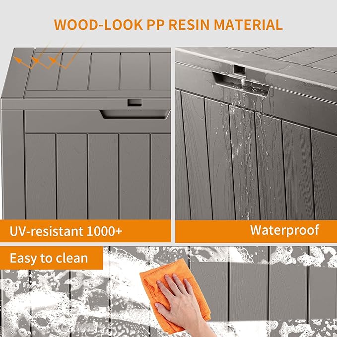ROJIK Outdoor Storage Housing Deck Box - Waterproof Patio Furniture, Garden Tools, Cushions, Pool Accessories Storage Bench with Lockable Lid and Side Handles (Grey)