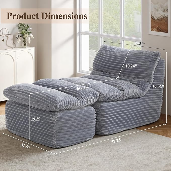 Boneless Chaise Lounge Chair Indoor, Adult Bean Bag Chair with Compressed Memory Foam, Comfy Back Support Sofa Bed Couch for Living Room Bedroom Office Apartment, No Assembly