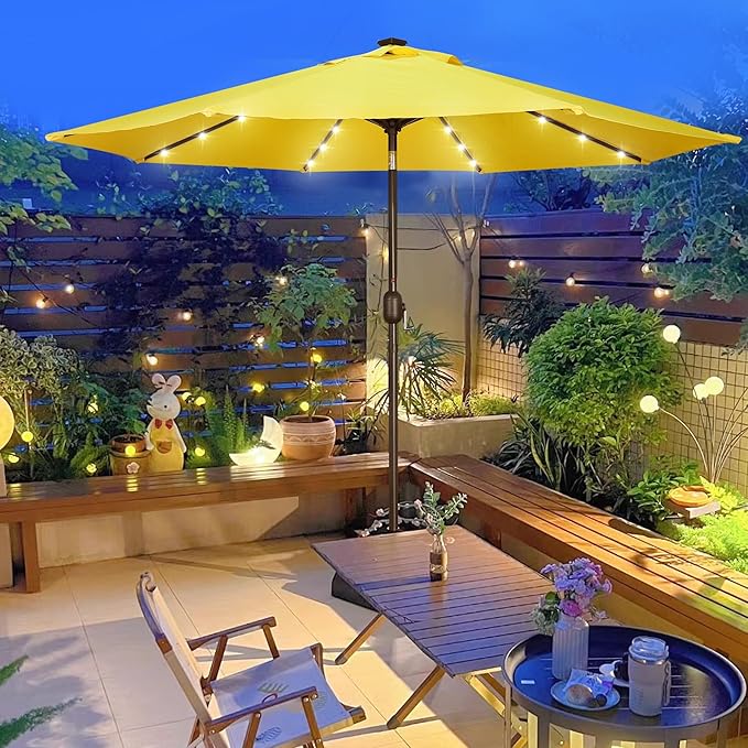 Blissun 9 ft Solar Umbrella, 32 LED Lighted Patio Umbrella, Table Market Umbrella, Outdoor Umbrella for Garden, Deck, Backyard, Pool and Beach (Yellow)
