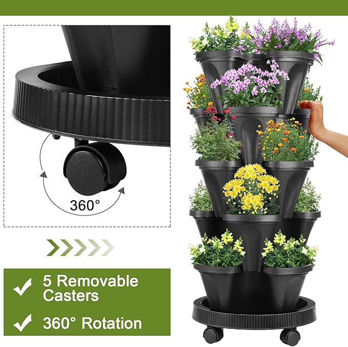 Umigy 2 Set 5 Tier Stackable Planters Vertical Garden Planters for Strawberry Herb Flower and Vegetable Indoor Outdoor Gardening Pots with Removable Wheels and Bottom(Black)