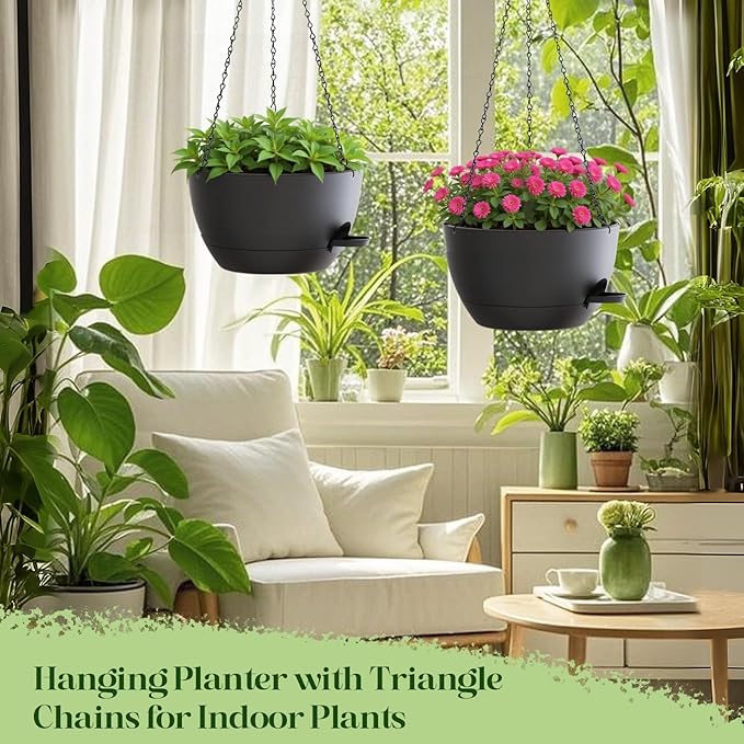 2 Pack 10 Inch Self Watering Hanging Planters for Indoor Plants, Large Black Plastic Hanging Pots with Chains for Outdoor Patio Garden Home Decor (Black)