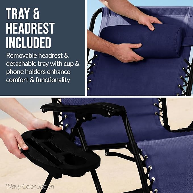Best Choice Products Set of 2 Extra Wide Adjustable Steel Mesh Zero Gravity Lounge Chair Recliners w/Pillows and Cup Holder Trays - Mediterranean Blue Stripes
