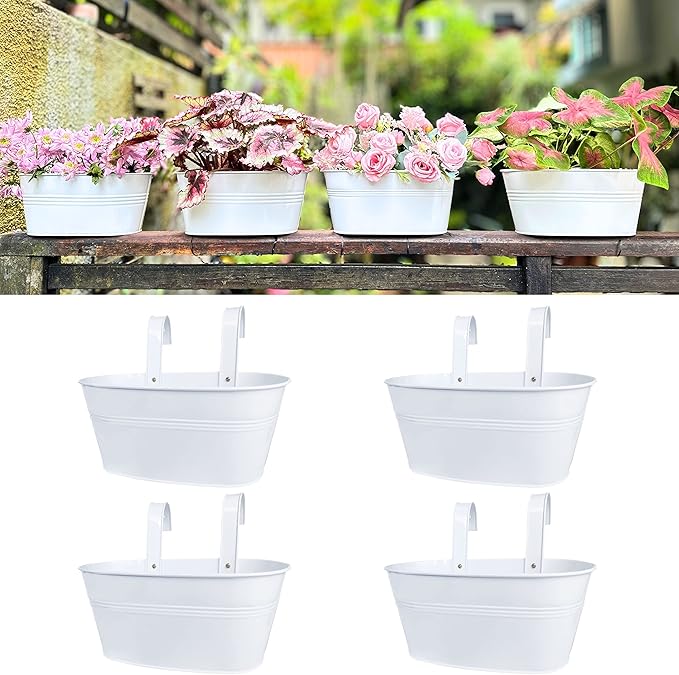 LaLaGreen Outdoor Rail Planter (4 Pack, 11.8 Inch) Metal Iron Hanging Flower Pots Deck Railings Fence Buckets Modern Countryside Boho Style White Wall Mount Window Box Plant Holder Hooks Porch Decor