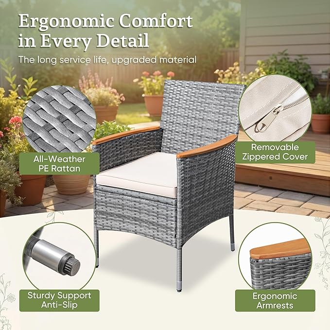 Greesum 9 Pieces Outdoor Patio Dining Set, Conversation Sets with 1 Table and 8 Rattan Chairs with Curved Acacia Wooden Armrests and Cushions, Grey