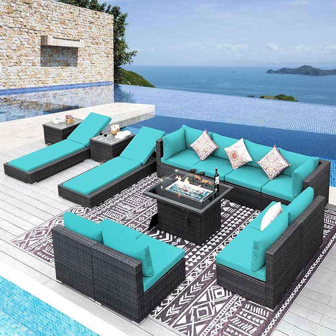 NICESOUL 13-Piece Patio Furniture Set with Fire Pit, High-End Big Group Outdoor Patio Set with Fire Pit & Chaise Lounge, Wicker 29.3'' High Back Sofa Deep Sitting, Grey & Turquoise
