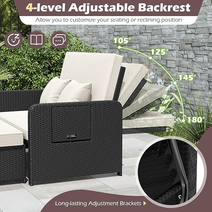 Tangkula Patio Rattan Daybed with 4-Level Adjustable Backrest, Outdoor PE Wicker Loveseat with Storage Ottoman & Folding Side Tray, Double Sunbed Lounger for Balcony, Backyard & Poolside (White)