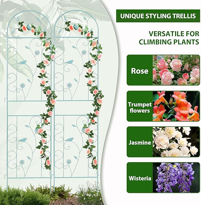 Metal Garden Trellis for Climbing Plants, 2 Pack 86.5" x 19.7" Green Plant Trellis Outdoor, Clematis Rrellis Outdoor, Arched Decoration Suitable for lawns, Gard, Green