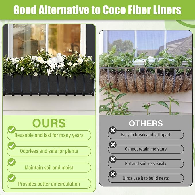 Riare 4 Pack 36 Inch Black Fabric Window Box Liners- Felt Square Trough Planter Basket Liners Replacement, Non-Woven Hanging Flower Plant Box Liner for Outdoor Plants Garden Fence- Avoid Birds Nesting