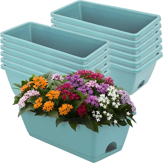 Window Box Planter, 12 Pack Plastic Vegetable Flower Planters Boxes 17 Inches Rectangular Flower Pots with Saucers for Indoor Outdoor Garden, Patio, Home Decor (Brick RED) (Sky Blue)