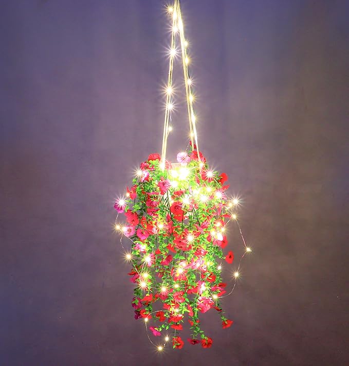 Comtelek Artificial Flowers for Outdoors Fake Hanging Plants with Lights, 4pcs Silk Flowers UV Resistant Realistic Hanging Planter Faux Flower for Outside Porch Patio Home Garden Yard Decor