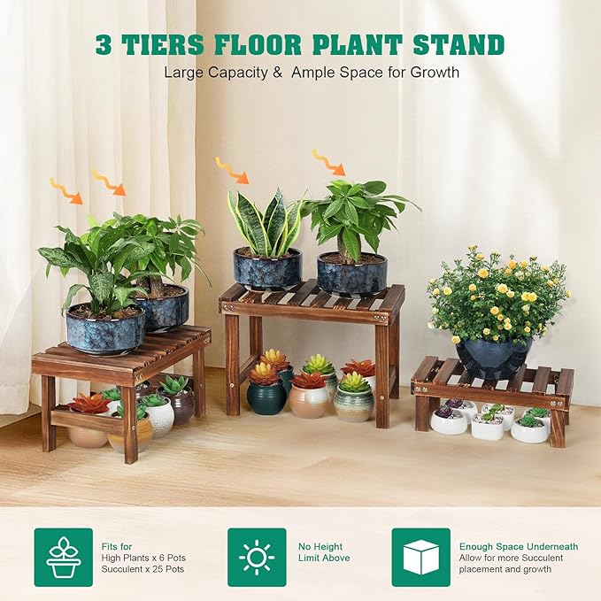 3 Tiered Small Plant Stands Shelf Indoor Outdoor,Wood Flower Pot Stand Holders Rack,Freestanding Corner Ladder Shelves for Plants Succulent Cactus,on Patio,Desktop,Window