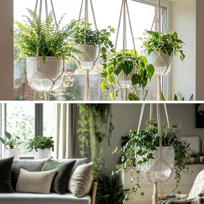6 Pack Self Watering Hanging Planters Indoor Flower Pots(4.5"+6.5") Visible Water Level Markers 3 Hanging Ropes with Drainage Holes for Indoor Outdoor Garden Home Decor Supplies (White)