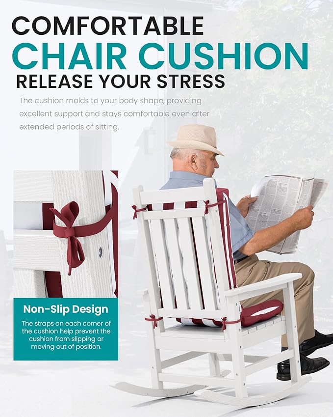 SERWALL HDPE Outdoor Rocking Chair Cushion Set of 4, Memory Foam Cushion Red White