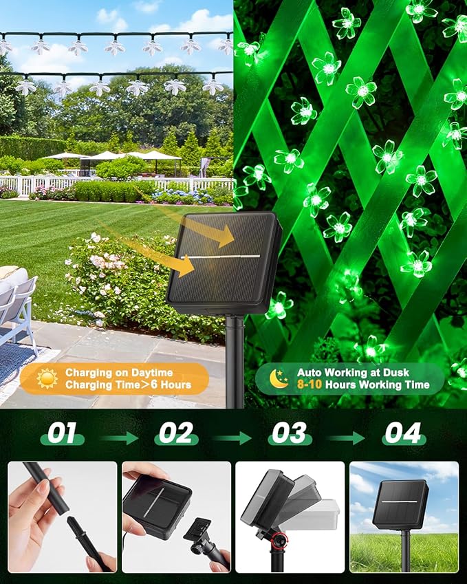 Brightown 60 LED Flower Solar Lights String Outdoor Waterproof Fairy Lights for Garden Yard Fence Patio Christmas Tree Wedding Party Decor, Green