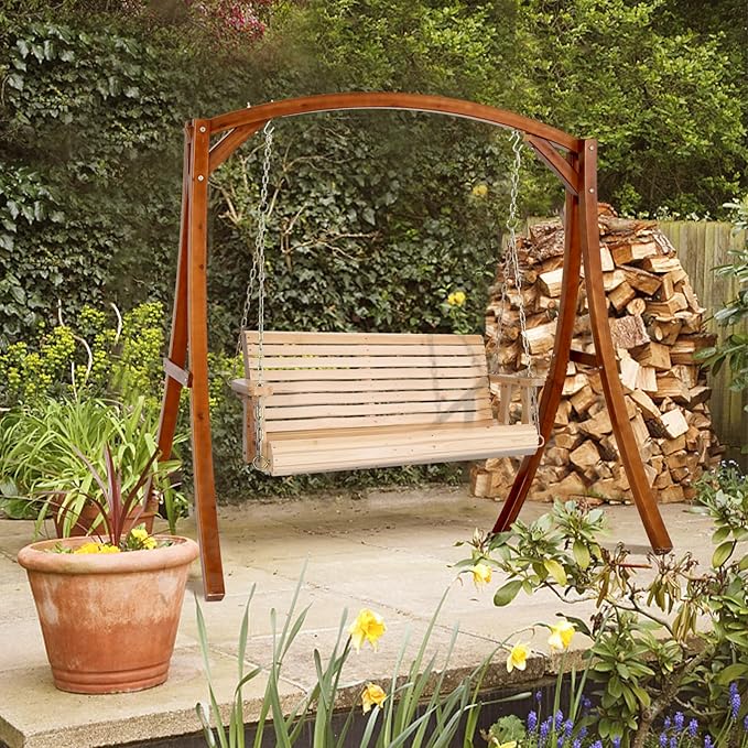 VINGLI Upgraded Patio Wooden Porch Swing for Courtyard & Garden, Heavy Duty 880 LBS Swing Chair Bench with Hanging Chains for Outdoors (Natural, 4 FT)