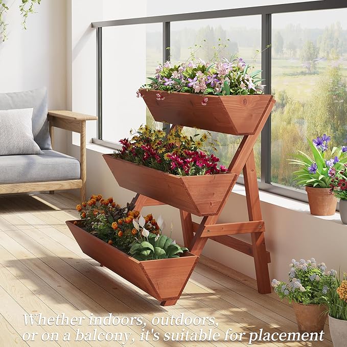 3-Tiers Wooden Raised Garden Bed,Wood Planter Box for Vegetable,Flower Rack,Flower Pot Stands,Indoor Outdoor Gardening Planting Beds (Brick red, Large)