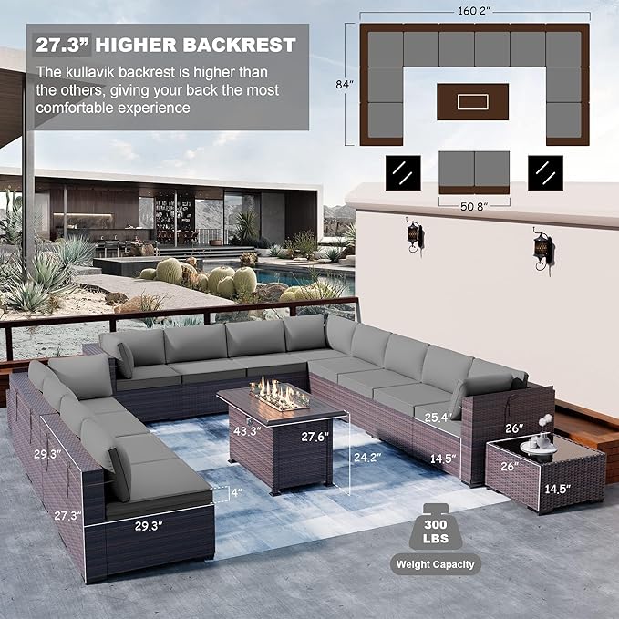 Kullavik 15 Pieces Outdoor Patio Furniture Set with 43" 55000BTU Gas Propane Fire Pit Table PE Wicker Rattan Sectional Sofa Patio Conversation Sets,Grey
