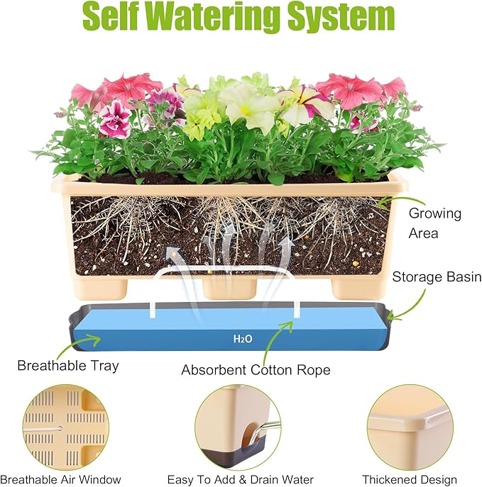 Window Box Planter 8 Pcs, 17 Inches Rectangle Flower Pots with Drainage Holes & Trays, Vegetable Planters for Windowsill Patio Garden Balcony Home Indoor Outdoor (Barley Yellow, 16 * 7 * 6 inch)