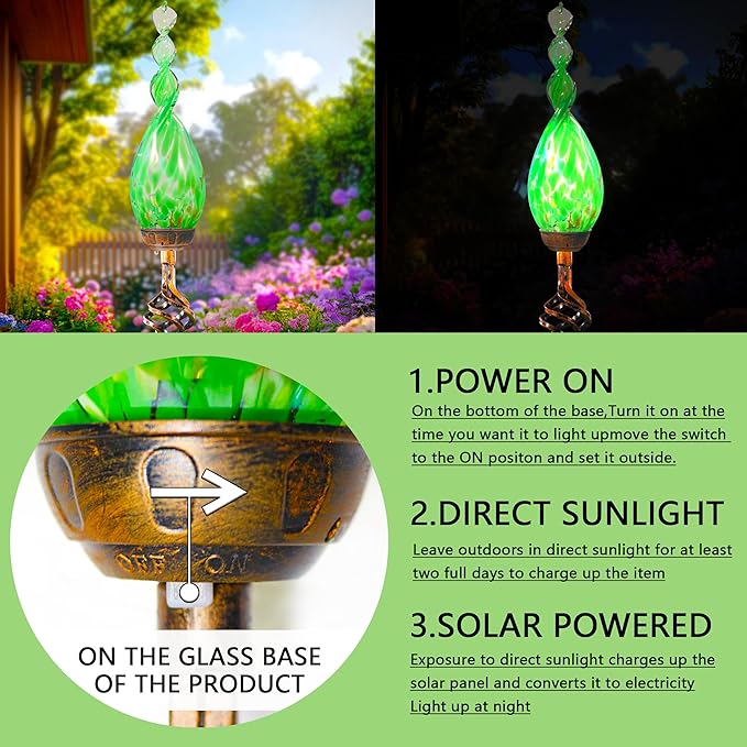 Solar Garden Lights Outdoor, Decorative LED Flame Garden Stakes, Hand Blown Glass and Outdoor Waterproof Glass Stakes (Green)