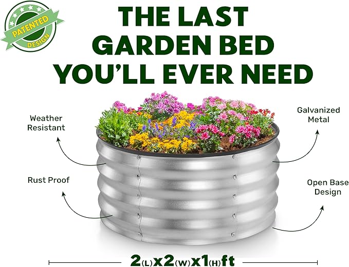 Round Galvanized Raised Garden Bed // 2×2×1 ft (2-Pack) Galvanized Raised Garden Beds Outdoor for Gardening, Vegetables, Flowers // Patented Tool-Free Design Round Planter (Silver)