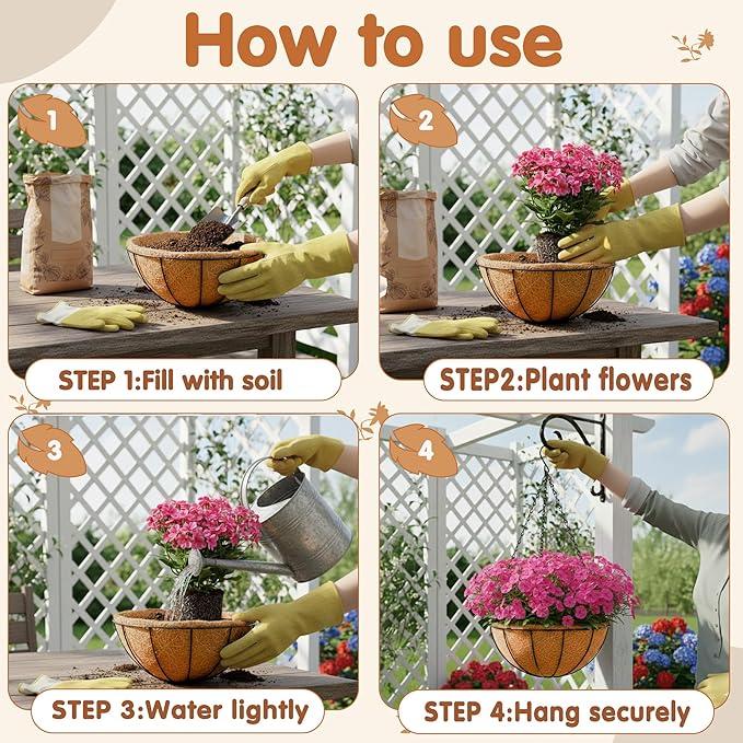 12 inch Metal Hanging Baskets For Plants Outdoor 4 Pack Round Metal Wire Hanging Basket Planter with Coco Fiber Liners Chain Round Wire Plant Holder for Garden, Patio, Deck, Porch Plants Flower Potss