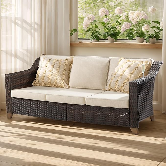 Joyside Patio Sofa - 3 Seater Rattan Sofa, All Weather High Back Sofa, Upgraded Large Size with 4inch Seat Cushions for Backyard, Garden, Poolside (Brown/Beige)