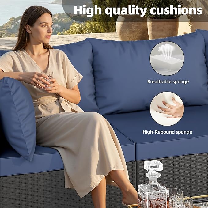 Skyfish 7 Pieces Patio Furniture Sofa - Outdoor Sectional Wicker Rattan Furniture with Cushion and Glass Table Patio Conversation Sets for Porch Poolside Backyard Outdoor Sofa Set Modular Sofa